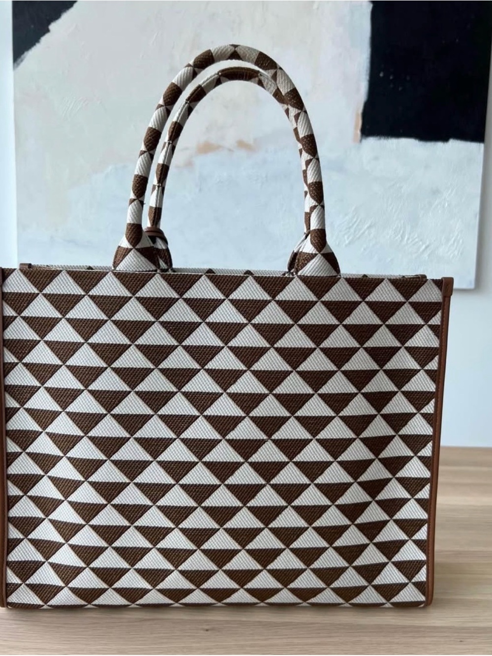 Prada Symbole Large Brown & White Geometric Tote Bag - Picture 4 of 7